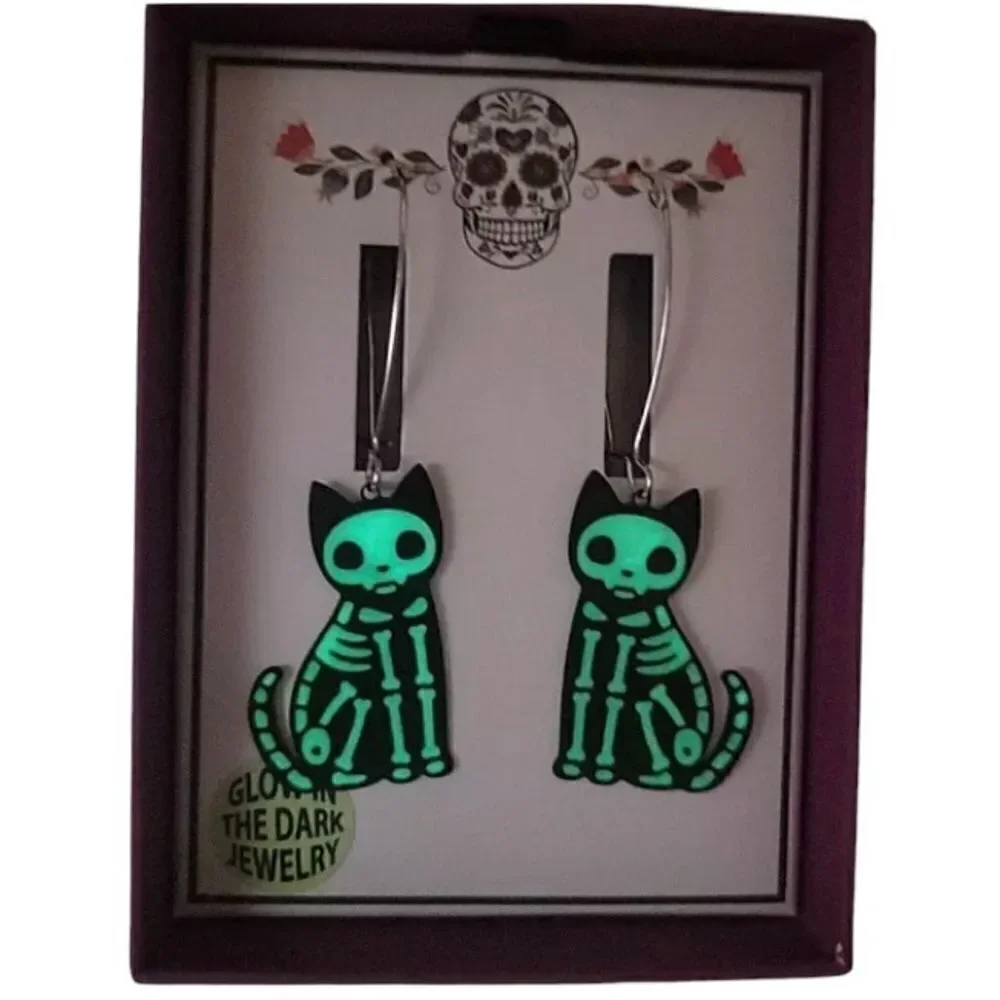 Bella•Jack Glow In The Dark Cat Skeleton Earrings.